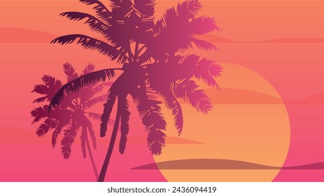 Cartoon flache Panoramalandschaft, Sonnenuntergang mit den Palmen auf dem bunten Hintergrund. Vektorgrafik.