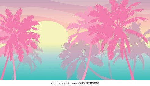 Paisaje panorámico plano de dibujos animados, puesta del sol con las palmeras en el fondo colorido. Ilustración vectorial.