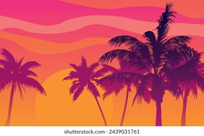 Cartoon flat panoramic landscape, sunset with the palms on the colourful background. Vector illustration.