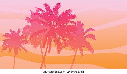 Cartoon flat panoramic landscape, sunset with the palms on the colourful background. Vector illustration.