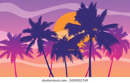 Cartoon flat panoramic landscape, sunset with the palms on the colourful background. Vector illustration.