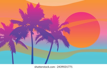 Cartoon flat panoramic landscape, sunset with the palms on the colourful background. Vector illustration.