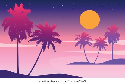 Cartoon flat panoramic landscape, sunset with the palms on the colourful background. Vector illustration.