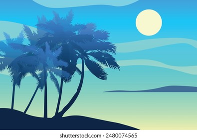Cartoon flat panoramic landscape, sunset with the palms on the colourful background. Vector illustration.