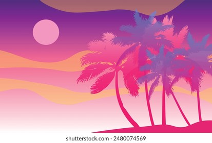 Cartoon flat panoramic landscape, sunset with the palms on the colourful background. Vector illustration.
