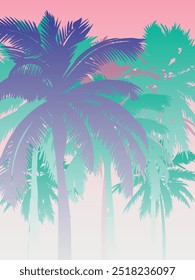 Cartoon flat panoramic landscape, sunset with the palms on colourful background. Vector illustration.