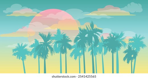 Paisaje panorámico plano de dibujos animados, puesta de sol con las palmas sobre fondo colorido. Ilustración vectorial.
