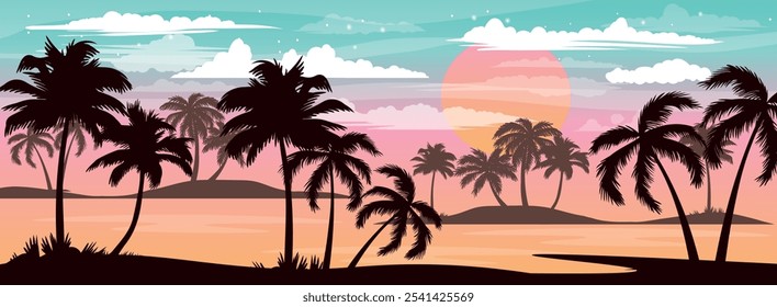 Paisaje panorámico plano de dibujos animados, puesta de sol con las palmas sobre fondo colorido. Ilustración vectorial.