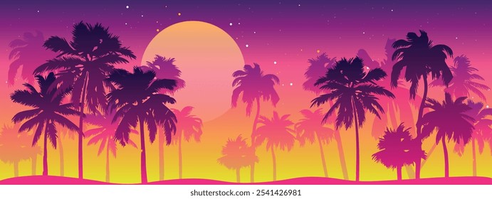 Desenho animado paisagem panorâmica plana, pôr do sol com as palmas no fundo colorido. Ilustração vetorial.