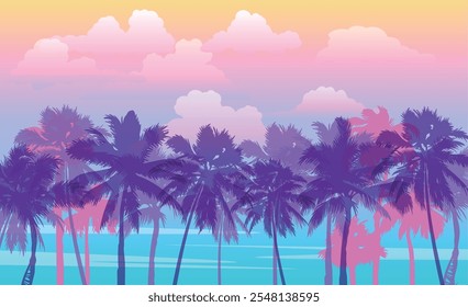 Paisaje panorámico plano de dibujos animados, puesta de sol con las palmas sobre fondo colorido. Ilustración vectorial.