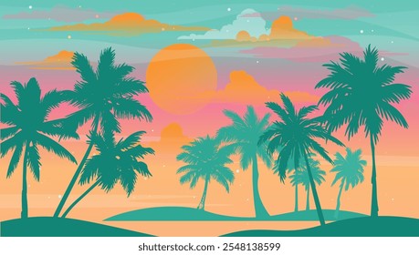Cartoon flat panoramic landscape, sunset with the palms on colourful background. Vector illustration.
