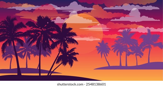 Desenho animado paisagem panorâmica plana, pôr do sol com as palmas no fundo colorido. Ilustração vetorial.