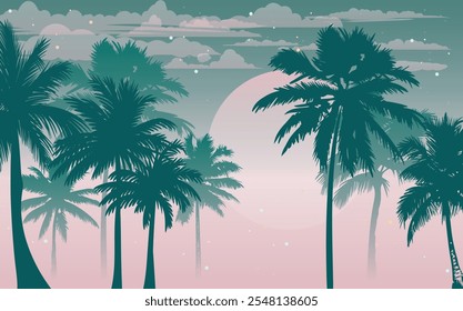 Paisaje panorámico plano de dibujos animados, puesta de sol con las palmas sobre fondo colorido. Ilustración vectorial.