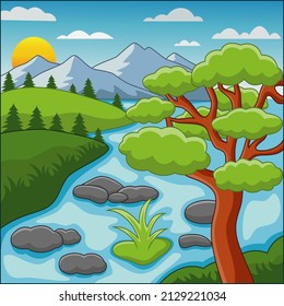 Cartoon flat panoramic spring summer beautiful nature green meadow mountain lake landscape vector illustration