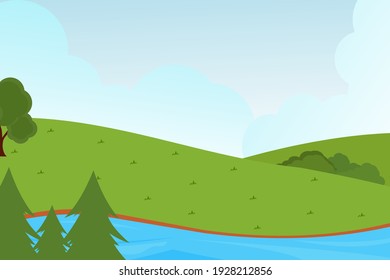 Cartoon flat panoramic summer, beautiful nature, green meadow with forest flowers, beautiful blue lake, mountains in the background