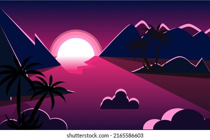 Cartoon flat panoramic view, colorful sunset. Vector illustration.
