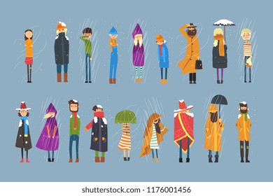 Cartoon flat people characters set freezing outside. Rainy and snowy weather. Boy with bouquet of flowers, man in raincoat, girl with umbrella