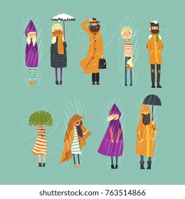 Cartoon flat people characters set freezing outside. Rainy and snowy weather. Boy with bouquet of flowers, man in raincoat, girl with umbrella