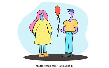 Cartoon flat people colourful vector illustration. Couple with the baloon. 