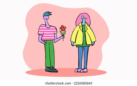 Cartoon flache Menschen bunte Vektorgrafik. Paar mit den Blumen. 