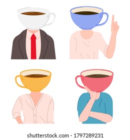 Cartoon flat people with cups instead of heads set