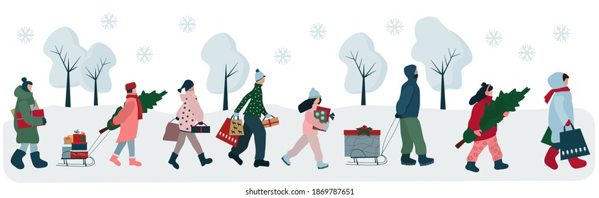 Cartoon flat people go with gifts and shopping for Christmas and New year. Vector abstract people walking in winter clothes with gift boxes, packages, Christmas trees.