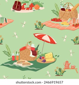 Cartoon flat picnic basket seamless pattern full of delicious. Vector picnic hampers for food background. Outdoor leisure print great for textiles, banners, wallpaper