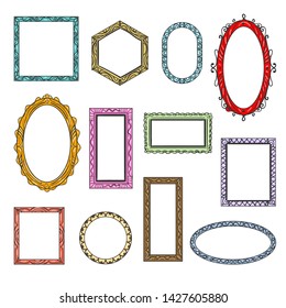 Cartoon flat picture frames. Hanging vintage wooden picture frame icons isolated on white background, creative printed art borders retro vector templates