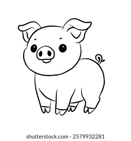 Cartoon flat pig, cute cartoon pig isolated on white background, vector illustration, farm animals. Line art.