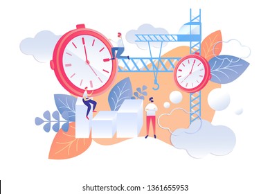 Cartoon Flat Plan for Next Day Time Management. Vector Illustration on White Background. Man on Tower Crane Adjusts Clock Hands. Efficiency Manager for Social Contacts and Routine Activities.