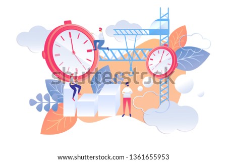 Cartoon Flat Plan for Next Day Time Management. Vector Illustration on White Background. Man on Tower Crane Adjusts Clock Hands. Efficiency Manager for Social Contacts and Routine Activities.