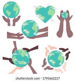 Planeta plana de dibujos animados en las manos set ilustración vector estilo moderno 
