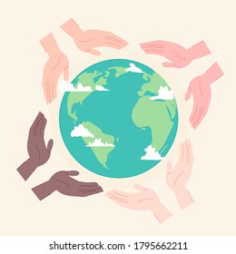 Cartoon flat planet in the hands vector illustration modern style 