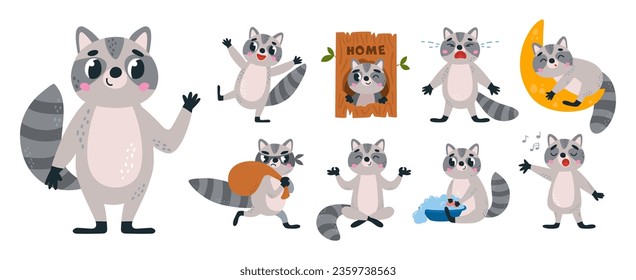 Cartoon flat raccoon character. Careless funny raccoons in different poses, wash and sing, meditate and sleep. Woodland classy vector characters