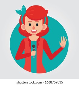 Cartoon Flat Red Heads Woman Speak Using Microphone with Circle Background