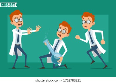 Cartoon flat redhead little doctor or scientist boy character in uniform. Ready for animation. Kid scared, running and holding chemical flask with liquid. Isolated on green background. Vector set.