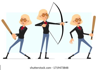 Cartoon flat rock and roll girl character in leather jacket. Ready for animation. Blonde angry girl shooting with bow and fighting with baseball bat. Isolated on white background. Vector icon set.