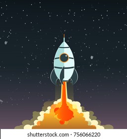 A cartoon flat rocket flies into space on the background of a dark night sky. Space and space travel. Vector illustration