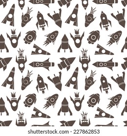 Cartoon flat rockets vector children black and white seamless pattern