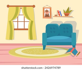 Cartoon flat room with window and sofa. Vector colour illustration. Scene for design. Detective and investigation