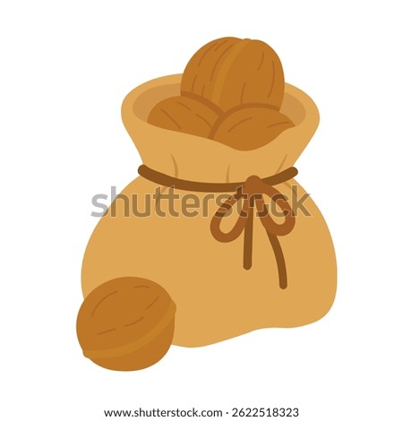 Cartoon flat sack with walnuts. Cozy harvest element for autumn food design and rustic scenes.