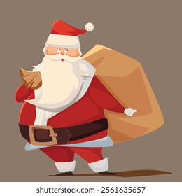 cartoon flat santa standing and large sack full of gift vector illustration