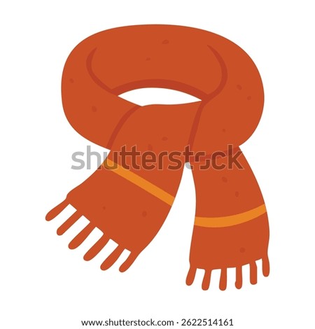 Cartoon flat scarf with tassels in warm orange colors. Cozy autumn clothing for cold days.