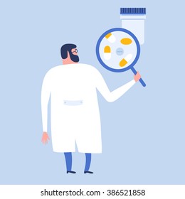 Cartoon flat scientist are making research in medical pills with a magnifying glass. Vector flat illustration.