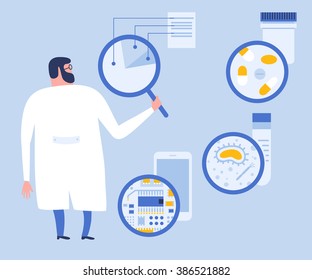 Cartoon flat scientist are making research with a magnifying glass. Vector flat illustration.