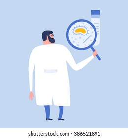 Cartoon flat scientist are making research in biology with a magnifying glass. Biology, cells and virus. Vector flat illustration.