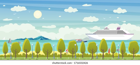 Cartoon flat sea scape. Tropical resort background. Vector illustration of sea, luxury cruise ship, fast boat, mountains and seashore. Summer vacation banner template.