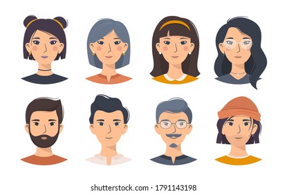 Juego de dibujos animados de personajes asiáticos, hombres y mujeres de diferentes estilos. Aislados avatares orientales masculinos y femeninos con accesorios de fondo blanco. Ilustración vectorial para las redes sociales.