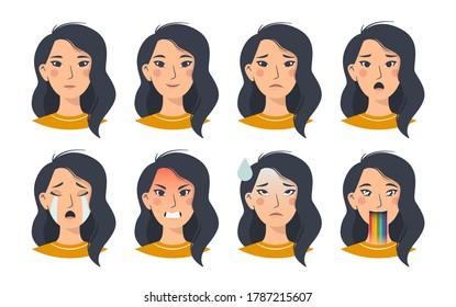Cartoon flat set of Asian woman emoji emotions. Isolated female oriental avatars with different facial expressions on a white background. Vector illustration for stickers or social networks.
