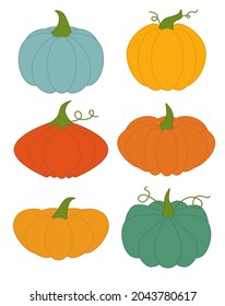 Cartoon flat set of pumpkin. A variety of pumpkin types in blue, orange, red, yellow and green. Pumpkins with tails.